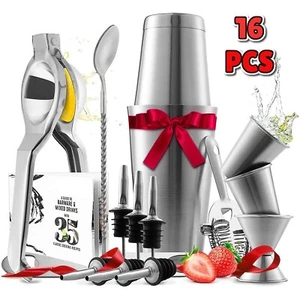 16-Piece Cocktail Shaker Set Stainless Steel Bar Kit with Book and Tools - Picture 1 of 7