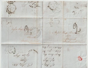 1842/3 LIVERPOOL 2 LETTERS LACES & Co TO ALNWICK BOTH UNPAID H/S 2d POSTAGE DUE - Picture 1 of 2