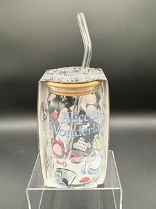 NIB Disney Alice In Wonderland 16oz Glass Tumbler Sipper Cup w/ Bamboo Lid Straw - Picture 1 of 8