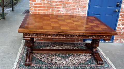 French Antique Renaissance Oak Wood Draw Leaf Table | Dining Room Furniture Cover