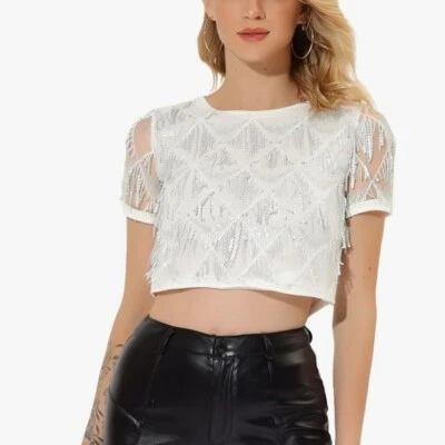 Allegra K Women's Sequin Shiny Glitter Crop Top Christmas Short Sleeves Sexy - Image 1 of 4