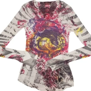 Y2k 90s Anama Top Size M Graffiti All Over Print Tattoo Waffle Thermal Shirt - Picture 1 of 6