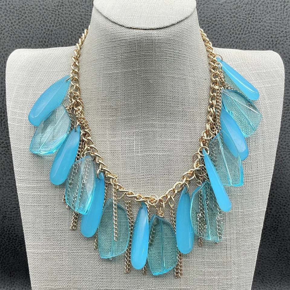 Statement Bib Necklace Womens Gold Tone Turquoise Blue Acrylic Teardrop Fringe - Image 1 of 4