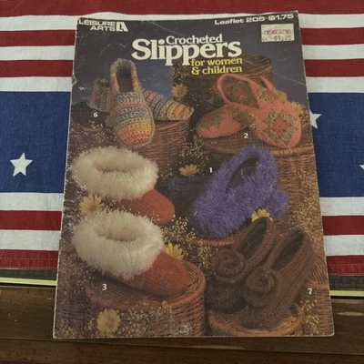 OOP!!! LEISURE ARTS #205 CROCHETED SLIPPERS FOR WOMEN & CHILDREN - Image 1 of 3