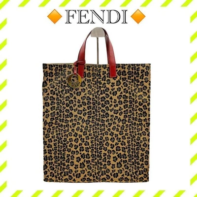 Bolso de Mano Fendi Lona Leopardo Marrón Rojo Unisex Foto 1 de 4