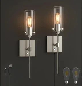 Dimmable Battery Operated Wall Sconces w/ Glass Shades, Rechargeable Wall Lights - Picture 1 of 6