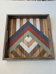 Rustic Wooden Tray with Geometric Design Coffee Table Home Decor 12 X 12 Inch - Picture 1 of 8