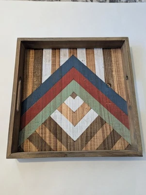 Rustic Wooden Tray with Geometric Design Coffee Table Home Decor 12 X 12 Inch - Image 1 of 4