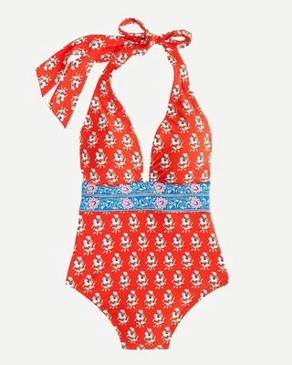 NUEVO CON ETIQUETAS J Crew Halter Traje de Baño de Una Pieza Talla 16 Rojo Bloque Floral Cuello en V Profundo Natación Foto 1 de 4