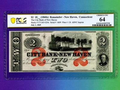 New Haven Connecticut $2 City Bank of New Haven 1860s PCGS 64 OBSOLET CURRENCY - Image 1 of 2
