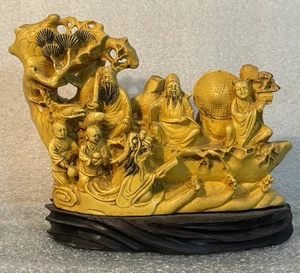 Vtg. Chinese Feng Shui Boat Resin Sculpture Depicting Eight Immortals Wood Base - Picture 1 of 11