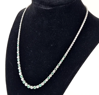 Sterling Silver 925 Graduated Tennis Necklace w/ Clear & Green CZ Stones 18" - Image 1 of 4