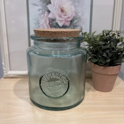 Green Recycled Glass Embossed Cork Lid Kitchen Decorative Storage Kitchen Jar - Image 1 of 4