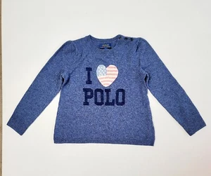 Polo RALPH LAUREN Girls 5 Knit HEART FLAG Wool Blue Sweater Long Sleeve PULLOVER - Picture 1 of 12