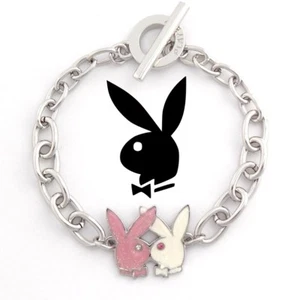 Playboy Bracelet Kissing Bunny Charm Logo Pink Silver Play Boy NWT NIB y2k NOS - Picture 1 of 12