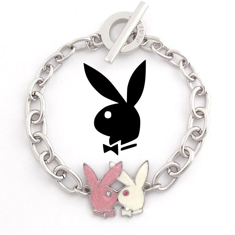 Playboy Bracelet Kissing Bunny Charm Logo Pink Silver Play Boy NWT NIB y2k NOS - Image 1 of 4