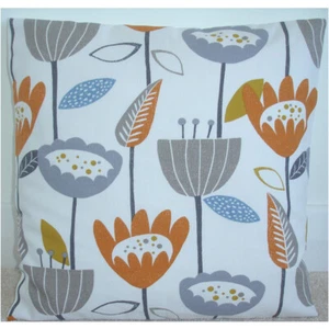 18" Cushion Cover Orange Mustard Yellow Blue Grey and Beige Flowers Retro - Picture 1 of 1