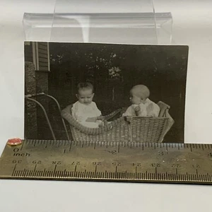 Vintage Photo Of 2 Little Boys In A Wicker Carriage Millard And Gene  - Picture 1 of 4