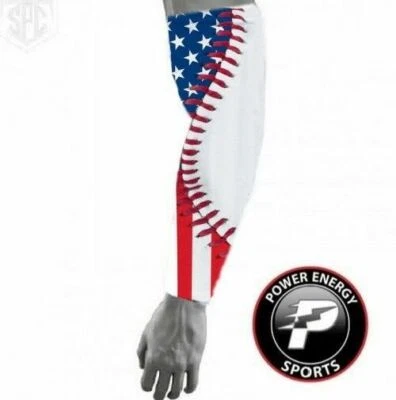 POWER ENERGY SPORTS Sports Compression Dri-Fit Arm Sleeve USA American Flag Baseball Stitch