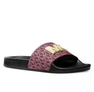 Women Michael Kors MK Gilmore Slide Sandals PU Big gold- tone MK Logo Dark Berry - Picture 1 of 4