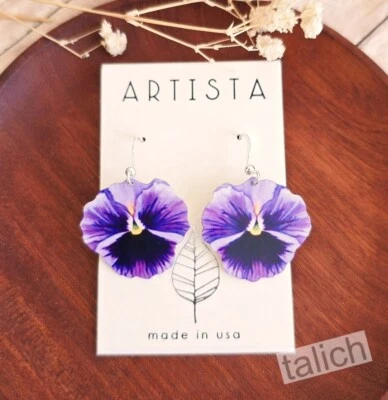 Artista Earrings Violet Purple Single Pansy Flower Cute Lightweight Unique Gift - Image 1 of 4