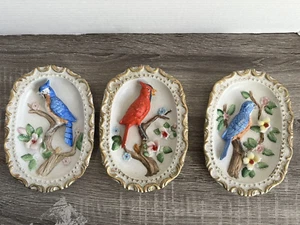 Vintage 3D Bird Trio Chalk Bisque Wall Plaques - set of 3 - Blue Bird, Cardinal, - Picture 1 of 8