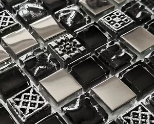 Ancient Textured Stone Square Jet Black Glass & Silver Chrome Mosaic Wall Tiles - Picture 1 of 6