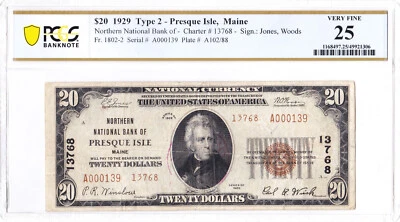 $20 1929 T2 National PRESQUE ISLE Maine ME 🇺🇸 Extremely Rare 🇺🇸 8 on Census! - Image 1 of 2