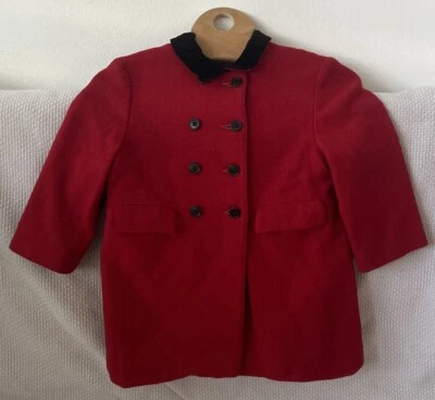 VINTAGE Girl's Long Sleeve Bright Red Collared Pea Coat~NO LABEL*CHRISTMAS RED** - Image 1 of 4