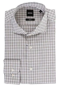 Hugo Boss Hank White Brown Slim Fit Stretch Check Shirt Cotton Size XL 17 (40) - Picture 1 of 8