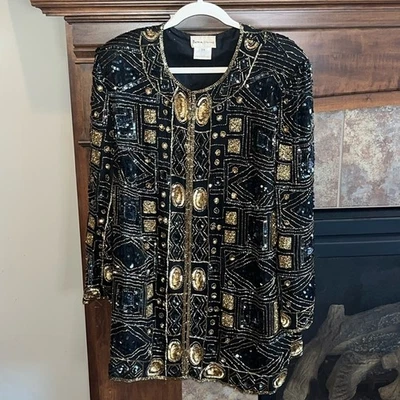 Chaqueta de noche formal de seda elegante con cuentas geométricas negras y doradas vintage 1X Foto 1 de 4