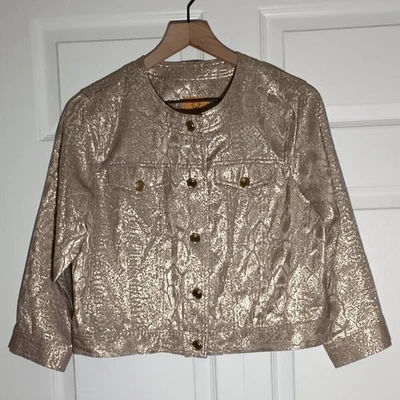 Ruby Rd Cropped Jacket Size 8 Long Sleeve Button Up Shiny Gold Snakeskin Print - Image 1 of 4