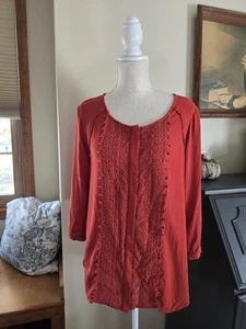 Anthropogie Maeve Womens Small Top Red Lace Detail Tunic Blouse - Picture 1 of 8