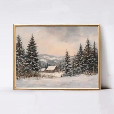 Arte de pared bosque paisaje nevado Navidad rústico estampado invierno vintage Foto 1 de 4
