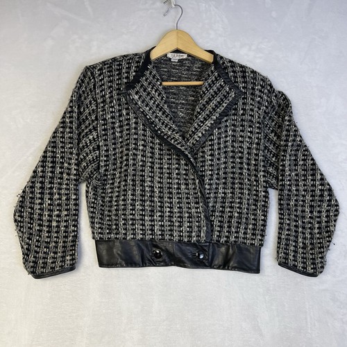 OFF WHITE Giacca maglione St. John vintage cropped con bordo in pelle 12 made in USA (danni)