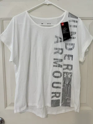 Camiseta Under Armour para mujer pequeña Heatgear blanca suelta con logotipo plateado nueva con etiquetas Foto 1 de 4