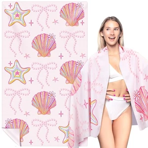 Lager Pink Bow Pearl Beach Towel 70 x 35 in Starfish Seashell Pattern Microfi... - Picture 1 of 7