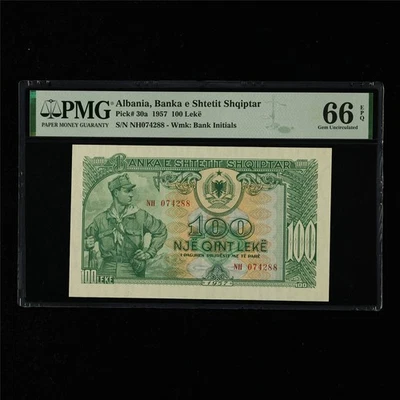1957 Albania Banka e Shtetit Shqiptar 100 Leke Pick#30a PMG 66 EPQ Gem UNC - Image 1 of 4