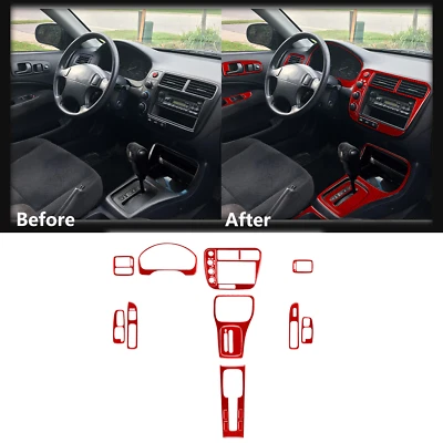 Kits de molduras interiores completos de fibra de carbono roja de 17 piezas para Honda Civic 6th 1996-2000 Foto 1 de 4