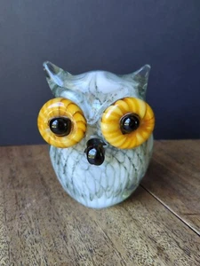 Art Glass Paperweight Decorative Owl White Orange Yellow - Picture 1 of 9