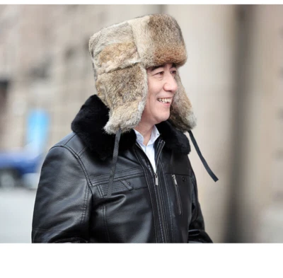Men's Winter Warm Fur Cap Real Rabbit Full Fur Russian Ushanka Hat Chapka Dad - Photo 1/4