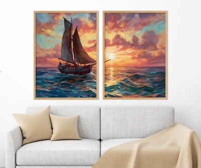 Barco de pesca navegando en el mar, conjunto de 2 impresiones de carteles, decoración de arte de pared Foto 1 de 4