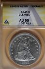 1843+ANACS+AU55+DETAILS+CLEANED+SEATED+LIBERTY+ONE+DOLLAR+%23B43123