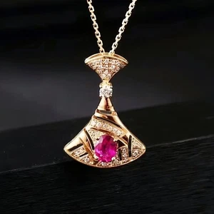 Cute Dress Lab-Created Ruby Natural Diamond Women Pendant Solid 14K Yellow Gold - Picture 1 of 7