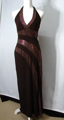 Y2K Vtg XOXO Brown Sequin Maxi Dress V Neck Halter Body Con Slinky Knit Medium - Image 1 of 4