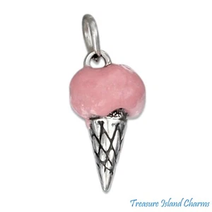 Pink Enamel Strawberry Flavor Ice Cream Cone 3D 925 Solid Sterling Silver Charm - Picture 1 of 3