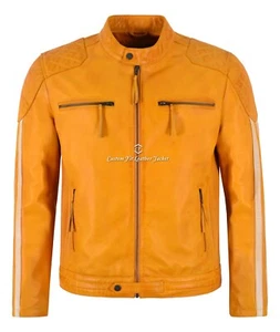 Giacca pelle uomo racer giallo beige righe biker stile moto - Foto 1 di 6