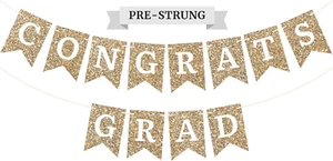 Pre-Strung Congrats Grad Banner - No DIY - Gold Glitter Graduation Party Banner - Picture 1 of 12