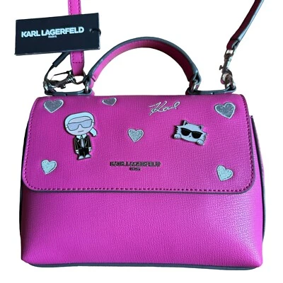 Karl Lagerfeld Paris Logo Hearts Faux Leather Raspberry Crossbody Bag MSRP $178 - Image 1 of 4