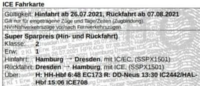 bahnticket Hamburg - Dresden Hin- und Rückfahrt / Dresden - Hamburg Hinfahrt - Bild 1 von 4